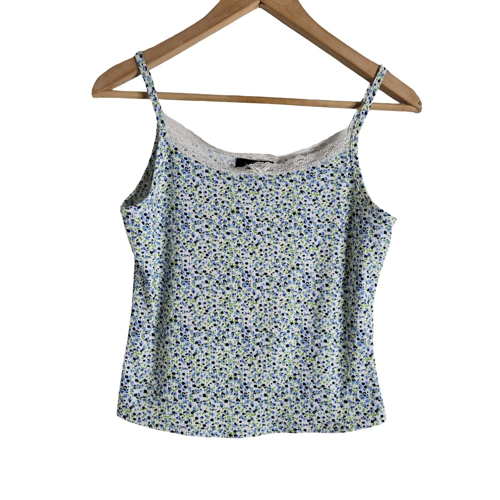 Just Polly New York Floral Ribbed Lace Cami Tank Top Blue Green Large Coquette